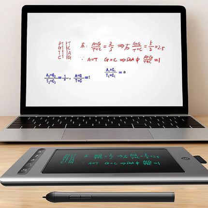 Laptop displaying mathematical equations with a stylus and digital display on a wooden surface