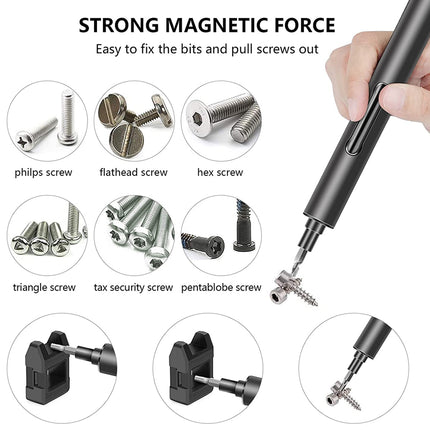 A black magnetic screwdriver bit adapter shown on a white background with text reading 'STRONG MAGNETIC FORCE' and several circular inset images demonstrating compatibility with different screw types including phillips, flathead, hex, triangle, tax security, and pentablobe screws. A hand is holding the tool on the right side.