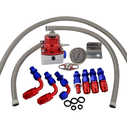 Fuel system kit with red and blue components on a white background