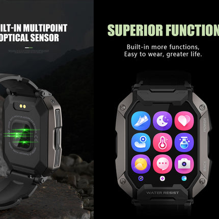 Smartwatch with optical sensor and app icons on a dark background