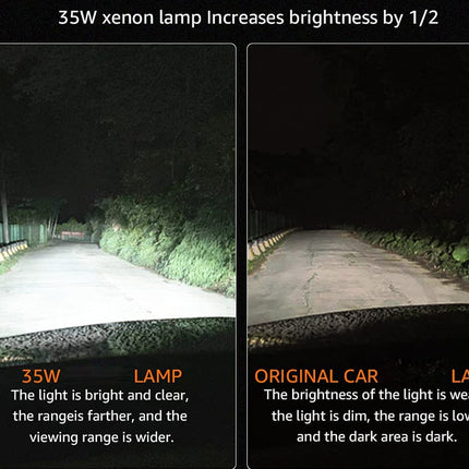 Comparison of 35W xenon lamp versus original car lamp on a dark road.