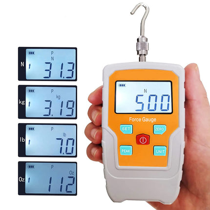 Digital force gauge being held with displayed measurements on a white background