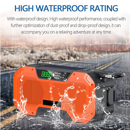 Orange and black portable radio with water splashes on a road background, emphasizing waterproof rating.