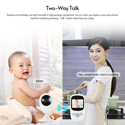 Baby monitor with two-way talk feature, showing a baby and a woman in a kitchen.