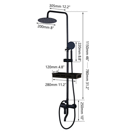 Black shower set with dimensions labeled on a white background