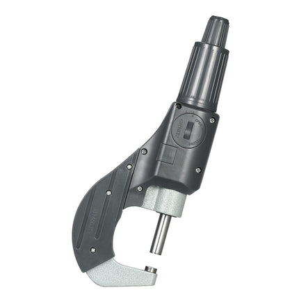 A digital micrometer caliper with a dark gray and black textured handle, a silver metal jaw, and a black rotary dial, shown on a plain white background.