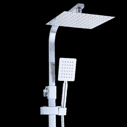 Chrome shower set with square rain shower head and handheld shower on a black background