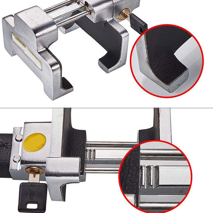 A close-up product image of a metallic clamp or locking device with two views: a top view showing a black rubber pad and a circular inset highlighting its corner, and a bottom view showing a yellow circular detail, lock key, and another circular inset showing internal slots. The background is solid white.