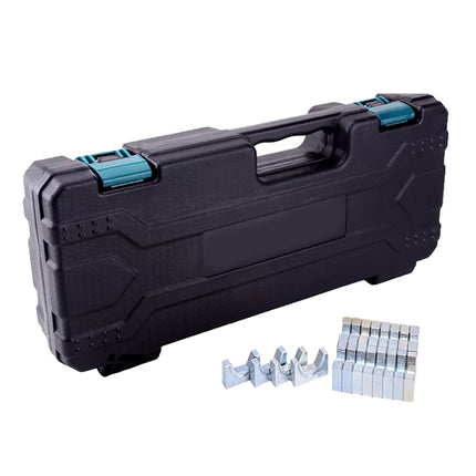 A black heavy-duty plastic tool carrying case with teal latches, shown alongside several silver metal mounting brackets and a small stack of matching silver pieces on a white background.