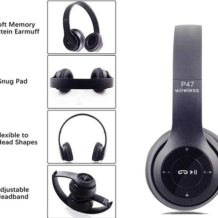 Black headphones with features highlighted on a white background