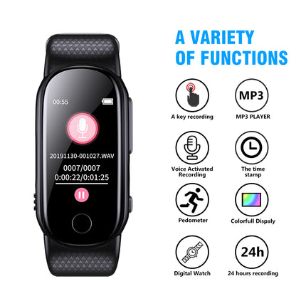 Black smartwatch with a rectangular screen and textured band, shown next to a list of features including MP3 player, voice activated recording, pedometer, colorfull display, digital watch, and 24h recording on a white background.