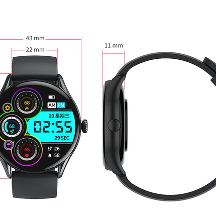 Smartwatch with digital display and black band, showing dimensions on a white background.