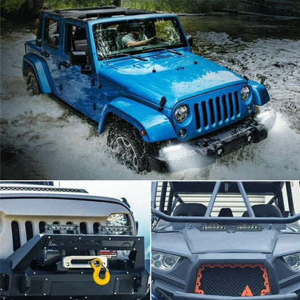 Blue off-road vehicle driving through water with close-up details on a white background