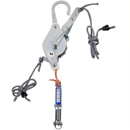 Retractable rope with hook and measuring scale on a white background