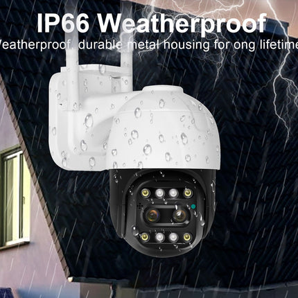 White and black IP66 weatherproof security camera shown against a rainy house background with lightning, with text overlay reading 'IP66 Weatherproof'.