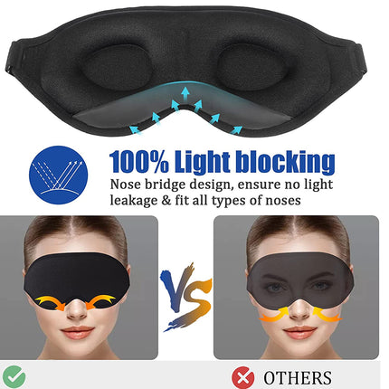 Black sleep mask with light-blocking feature, shown on a white background.