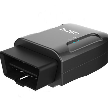 A black OBD2 diagnostic scanner adapter with a connector plug on one end and a port cover on the other, featuring a small blue LED indicator light and the OBD2 logo on top, shown against a plain white background.