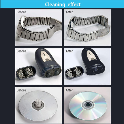 Before and after cleaning effects on a watch band, electronic device, and CD.