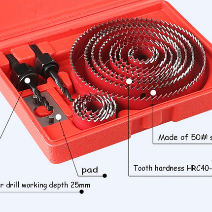 Metal drill bit set with red case on a white background