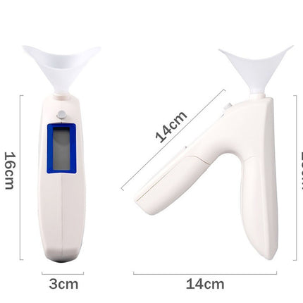 Measurement chart of a white electronic device with dimensions labeled.