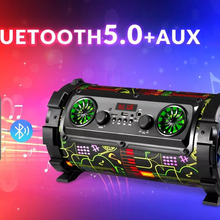 A black cylindrical Bluetooth speaker with green glowing fans and colorful neon-style graphics, shown on a red-to-blue gradient background with large text reading 'BLUETOOTH 5.0+AUX' and a smartphone graphic indicating wireless connection.