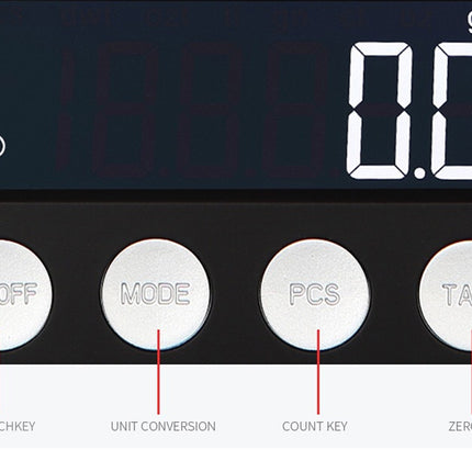 Digital scale with labeled buttons on a white background