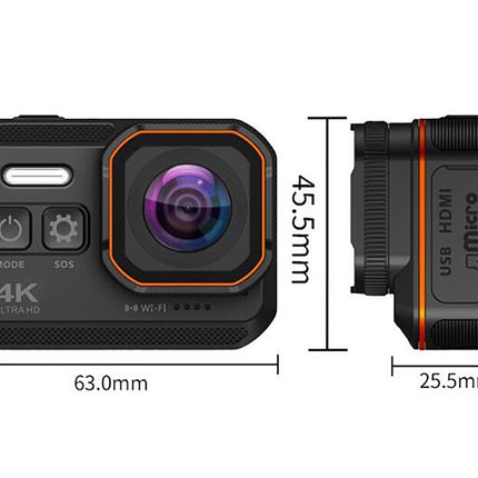 Action camera with dimensions labeled on a white background