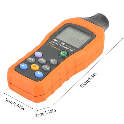 An orange and black digital pocket meter shown on a white background with dimension lines indicating its width, depth, and height.