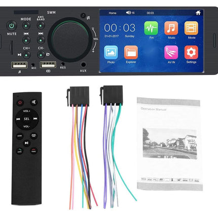 Car stereo headunit display screen with control buttons, shown with a remote control, wiring harnesses, and an operation manual on a white background.