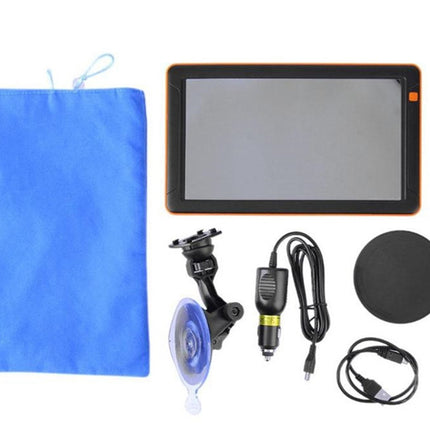 Collection of car accessories including a screen, towel, and various cables on a white background