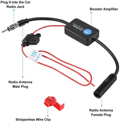 Car radio antenna booster amplifier with labeled parts on a white background