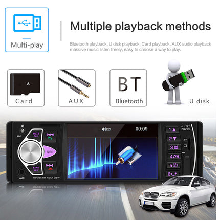 A car stereo display screen mockup showing a blue and black audio interface, with feature callouts for multi-playback methods including Bluetooth, USB, AUX, and U disk, plus a white car on a road in the background.