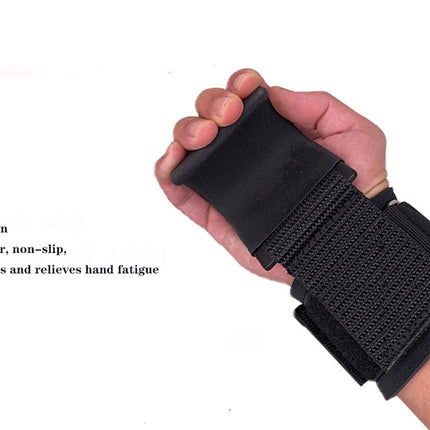 Black wrist support brace on a hand with text describing its features.