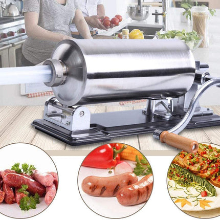 Stainless steel sausage stuffer with images of sausages and ingredients on a kitchen background