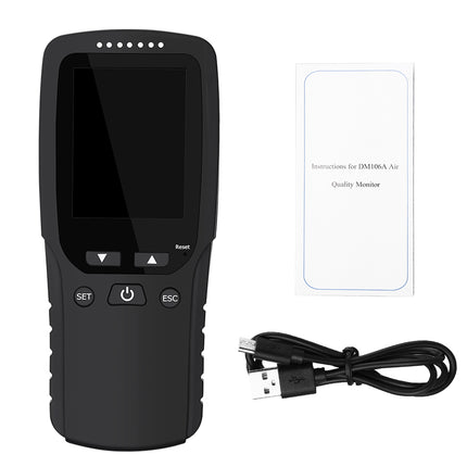 Black handheld device with screen and buttons, accompanied by a USB cable on a white background