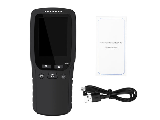 Black handheld device with screen and buttons, accompanied by a USB cable on a white background