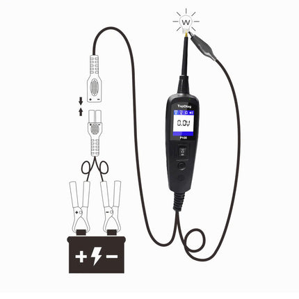 Electrical testing device with probes and digital display on a white background