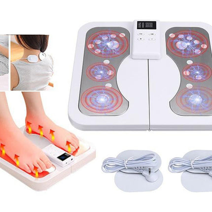 White foot massager and foot bath pad set with LED light therapy panels, shown with two wired pads, a handheld remote, and two inset photos of a person using the device on their feet.