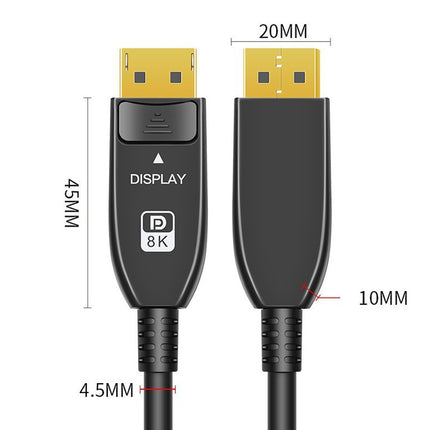 Measurement chart of a display cable with labeled dimensions on a white background