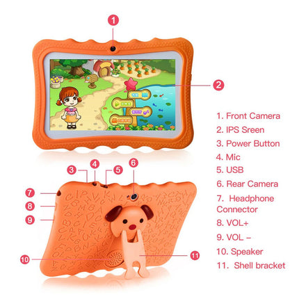 Orange children's tablet with labeled parts on a white background