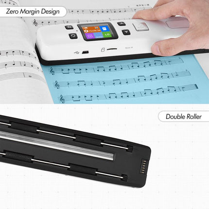 Music reading device on sheet music with close-up of rollers
