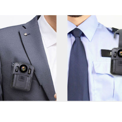 Two body cameras attached to a person wearing a suit and tie.