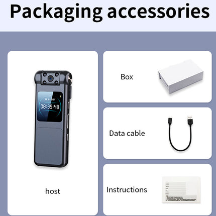 List of packaging accessories including a host, box, data cable, and instructions on a blue background.