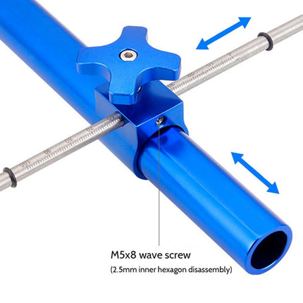 Close-up of a blue metal adjustment tool with threaded rods and blue arrows indicating disassembly, plus text reading 'M5x8 wave screw (2.5mm inner hexagon disassembly)'.