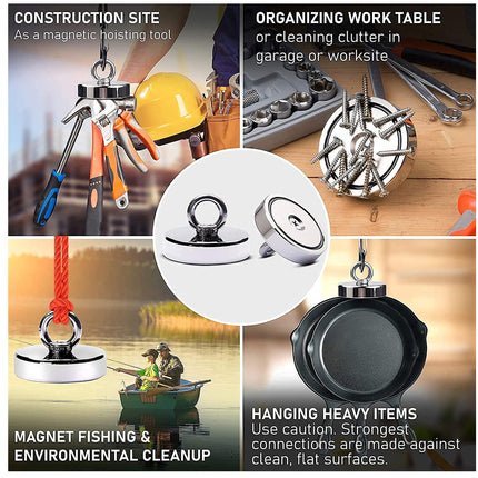 Collage of magnetic tools and their uses on a construction site, organizing work table, magnet fishing, and environmental cleanup.