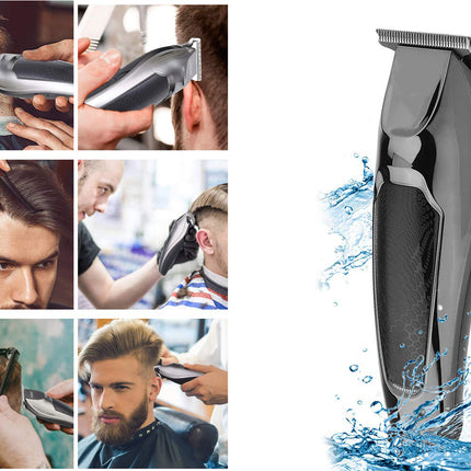 Hair trimmer with water splashes on a white background, surrounded by images of haircuts.