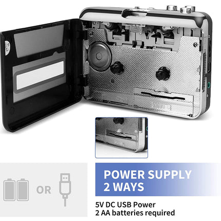 Cassette player with open lid showing internal components on a white background.