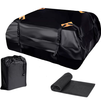Black duffel bag with orange accents, folded mat, and small black bag on a white background