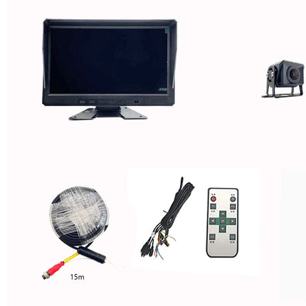 Set of electronic components including a monitor, camera, remote control, and cable on a white background