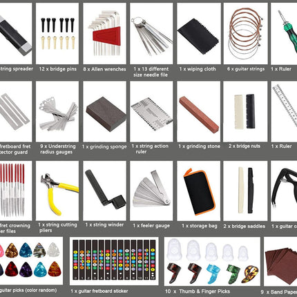 A product bundle grid showing various guitar setup and maintenance tools, including a string spreader, bridge pins, Allen wrenches, winding tools, strings, a ruler, fretboard guards, tuner picks, and thumb and finger picks, arranged on a dark gray background with white labels.